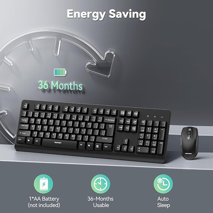 TECKNET Wireless Keyboard and Mouse Combo, Full Size Silent Ergonomic Keyboard and Mouse, Long Battery Life, Optical Mouse, Spill-Resistant, 2.4G Lag-Free Cordless Mice Keyboard for PC,Laptop,Computer