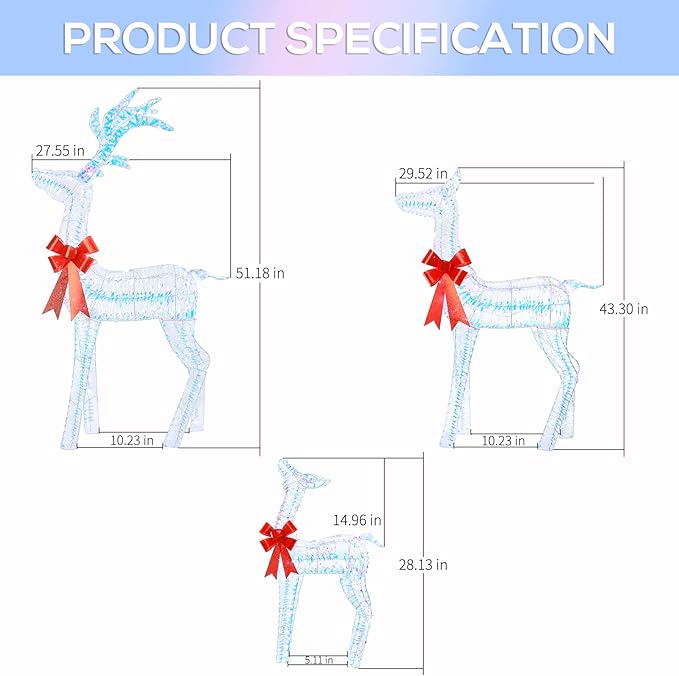 Hykolity 4.5FT 3D Pre-lit Iridescent Christmas Reindeers Family, 3-Piece Lighted Deer Set with 280 LED Lights, Stakes, Zip Ties for Indoor or Outdoor Christmas Decorations