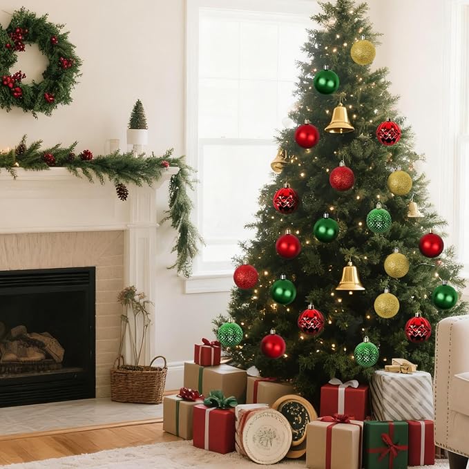 Christmas Tree Decorations Ornament Set, 60ct 2.36 Inches Red Green and Gold Shatterproof Christmas Ball Ornaments, Hanging Ball for Xmas Holiday Wedding Party Decor