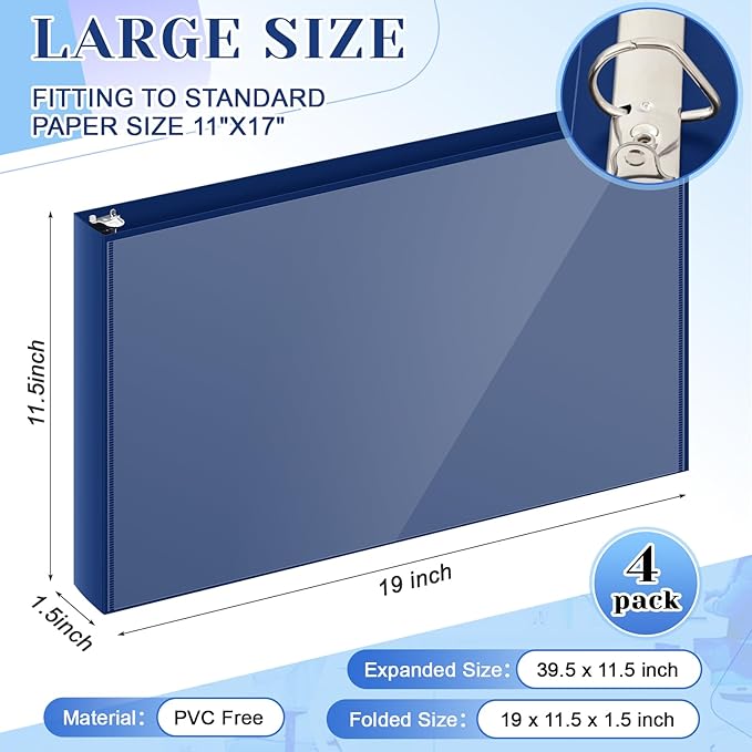 4 Pcs 11 x 17 Inch View Binders with Cover Pocket 1 Inch 3 Rings Heavy Duty View D Ring Binders Economy Holds 11" x 17" Paper for Artwork Blueprints, Office, Home, Work Places (Blue)