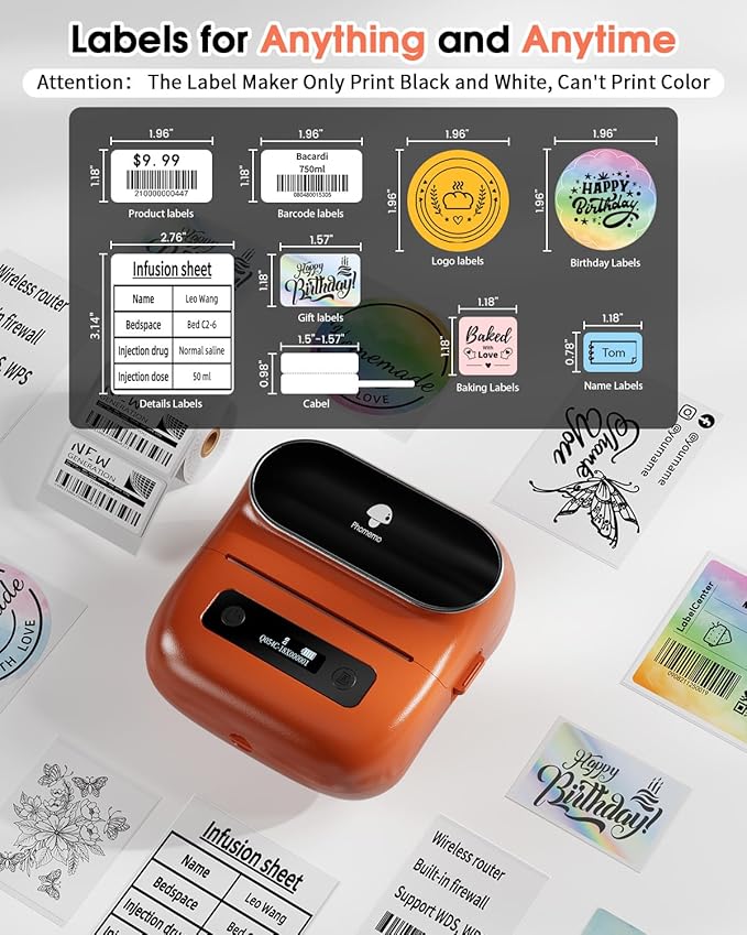 Phomemo M220 Label Printer, Barcode Printer, Bluetooth Thermal Label Maker Machine for Barcodes,Name,Address,Clothing Labeling,for Office Home,Compatible with Phones and Some PC Orange