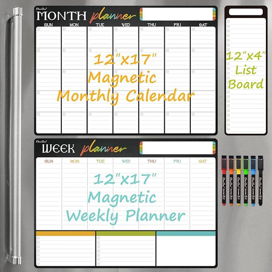 Magnetic Dry Erase Monthly Calendar Set - 17"x12" Monthly and Weekly Calendar, 4"x12" List Board for Fridge - 6 Extra Fine Point Markers Included - Shipped Flat