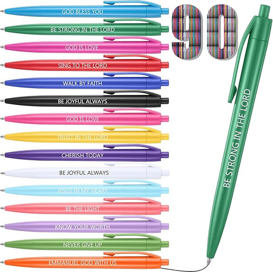 90 Pcs Ballpoint Bible Pen Inspirational Scripture Quotes Black Gel Ink Pens Bulk Religious Retractable Rolling Ballpoint Pens for Party Favors Back to School Gift Supplies (Christian)