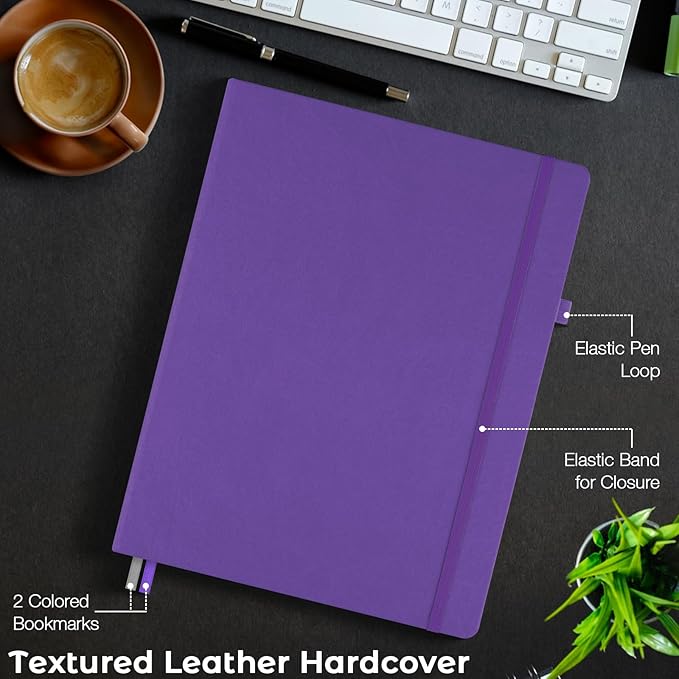 College Ruled Notebook, A4 Hardcover Leather Notebook for Work, Lined Notebook Journal for Women, Men, 192 Thick Paper, 8.5" x 11", Large Notebook with Pockets, Professional Business Notebook, Purple
