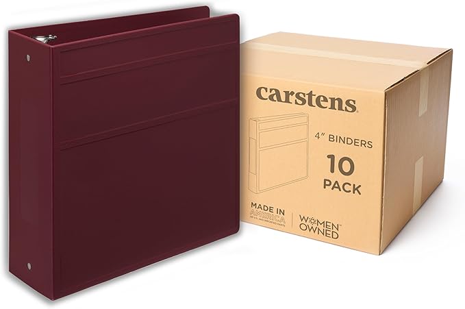 Carstens 4-Inch Heavy Duty 3-Ring Binder - Side Opening, Wine, Durable Plastic, No-Gap Rings, Waterproof Cover, No Pockets, Holds 600 US Letter Sheets, BPA-Free, Made in USA (1843-3R), Case of 10