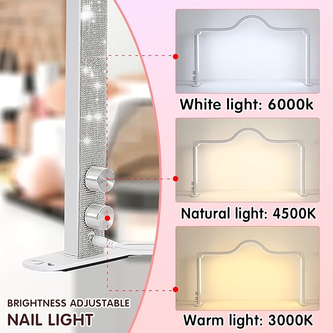 Half Moon Nail Desk Light, 35inch Foldable LED Nail Tech Lamp for Desk, 3 Color Adjustable 3000K-6000K Dimmable Manicure Table Lamp, 45W Large Nail Light with Phone Holder for Beauty, Lash (Pink)