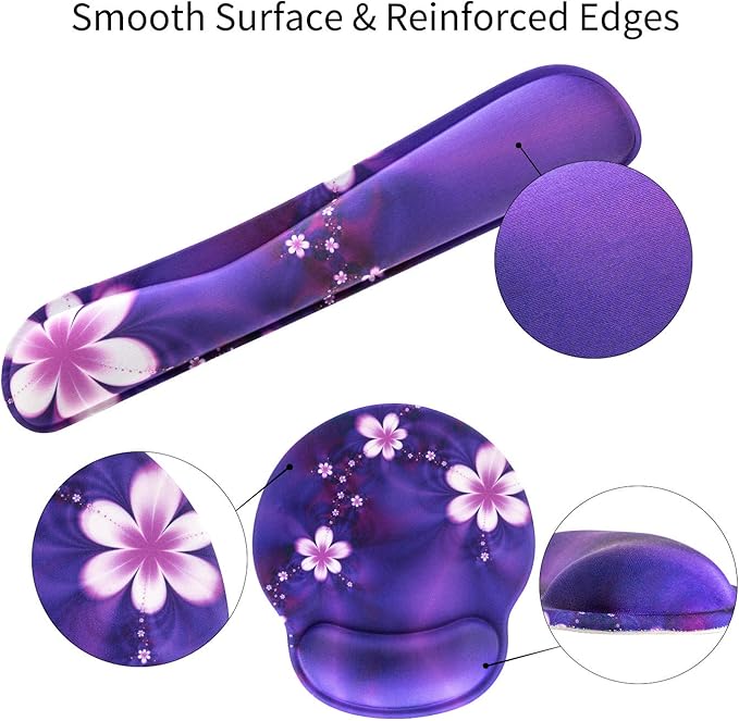 Ergonomic Keyboard Mouse Pad Wrist Rest Support Set for Laptop/Computer/Desktop,Memory Foam Hand Rest Wrist Cushion for Gaming/Office,Lightweight Comfortable & Pain Relief (Purple, Flower)