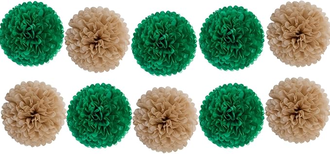 10 Pack 14" Green Brown Tissue Paper Pom Poms, Rustic DIY Hanging Flower Balls for Wedding Baby Shower Birthday Party Home Seasonal Decorations