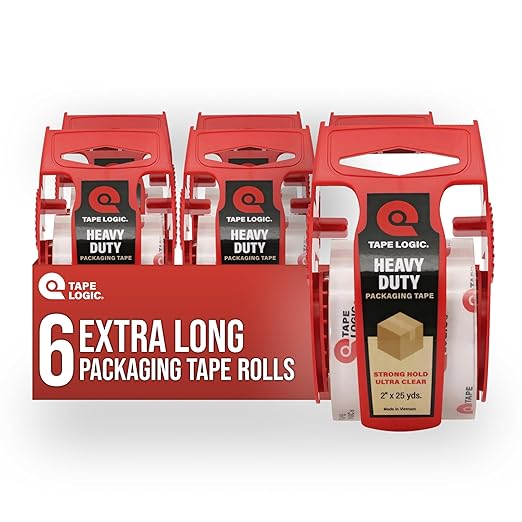Tape Logic Heavy Duty 2in x 25yd Clear Packaging Tape with Dispenser (6-Pack), Strong Clear Packing Tape Roll Ideal for Shipping & Moving Boxes