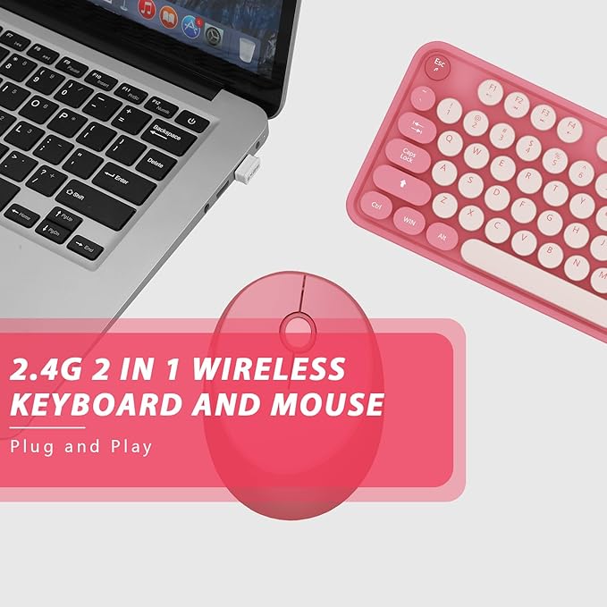 Wireless Keyboard,KOOTOP Cute Colorful 104 Keys Typewriter Retro Round Keycaps Keyboard for PC Laptop,Desktop,Windows, Home and Office Keyboards(Pink)