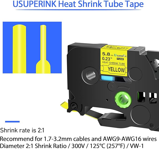10PK Compatible for Ptouch HSe-611 HSe611 HS-611 HS611 Black on Yellow 5.8mm 0.23'' Heat Shrink Tubing for Wire Cable for PT300 PT-300B PT310 PT310B PT320 Label Maker Tape
