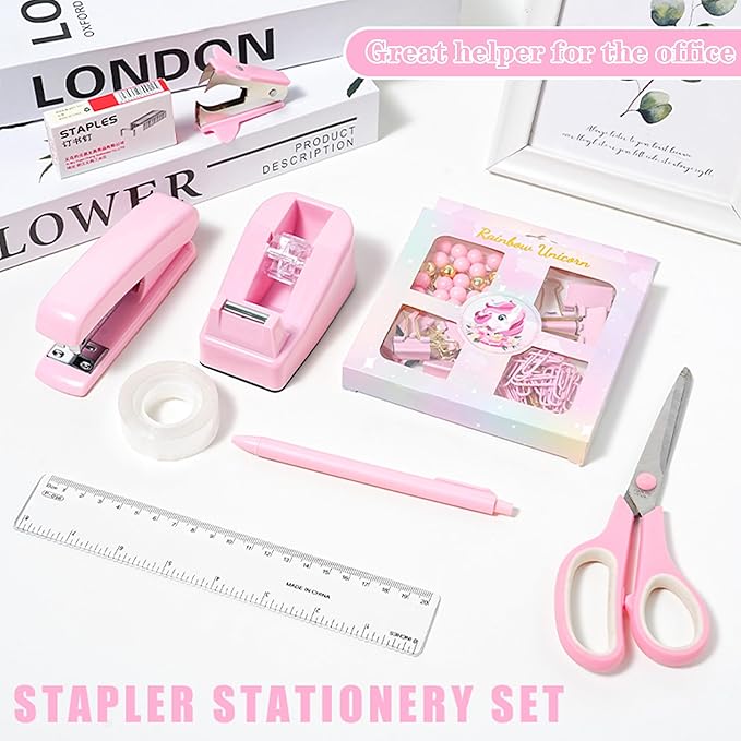 Pink Desk Accessories with Pen Holder, Pink Office Supplies Desk Organizers and Accessories for women, Tape Dispenser, Stapler, Staple Remover, Staples, Clips Set, Ruler, Scissor, Pen, Tape