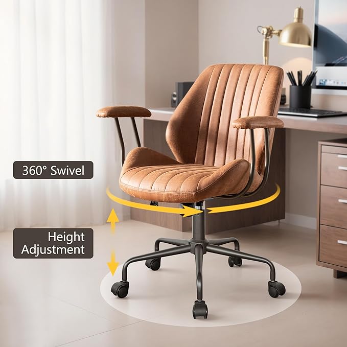 Mid Century Modren Office Chair - Mid Back Swivel Executive Chair with Lumbar Support,Ergonomic Computer Desk Chair with Wheels,Faux Lether Suede Task Chair,350lbs (Brown, Mid Back)