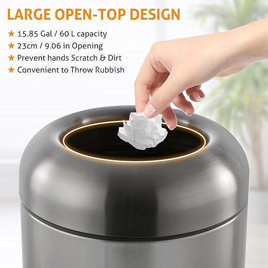 WICHEMI 16 Gallon Commercial Large Trash Can, Bullet Outdoor Trash Bin with Open Top Lid, Brushed Stainless Steel Garbage Can, Black