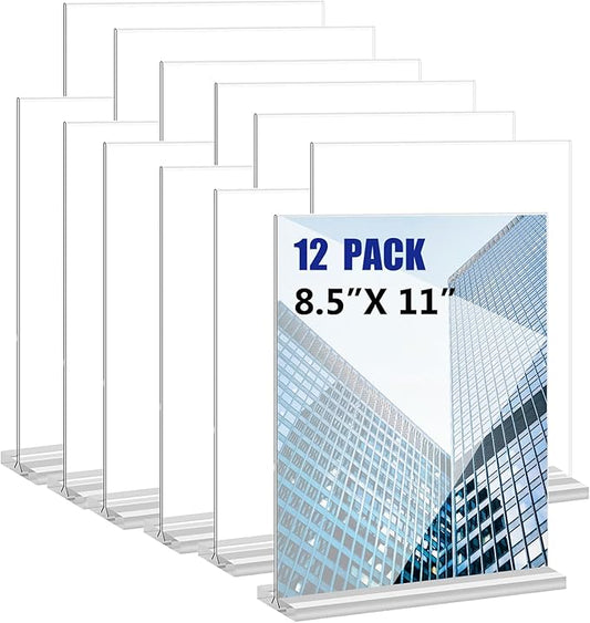 Acrylic Sign Holder 8.5x11 Inches 12 Pack T Shape Desktop Display Stand Vertical Double Sided Clear Table Menu Flyer Holder for Restaurants, Office, Shop, Wedding