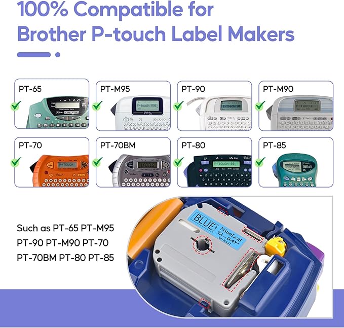 NineLeaf 4 Pack Compatible for Brother P-Touch M Tape M-K531 M-K531S MK531 M531 12mm 0.47'' Black on Blue Label Tape for PT-70BBVP PT-70BMH PT-70HK PT-70HOL PT-70HOT Label Maker