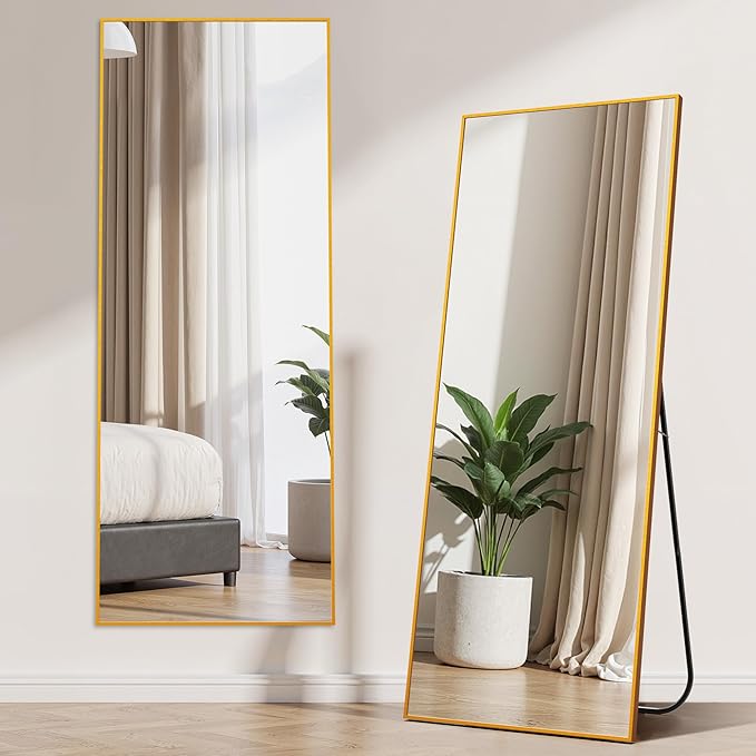 Simple Deluxe Aluminum Frame Mirror, 59"x16" Full Length Mirror with Stand, Free Standing Leaning Mirror Hanging Mounted Mirror for Bathroom Living Room, Gold