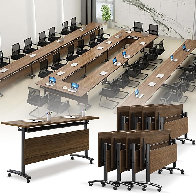 Folding Conference Room Table, Modern Conference Tables with Wheels, Large Rectangular Mobile Training Tables for Office Classroom, Foldable Modular Boardroom Seminar Table Walnut (8pack L55.1in)