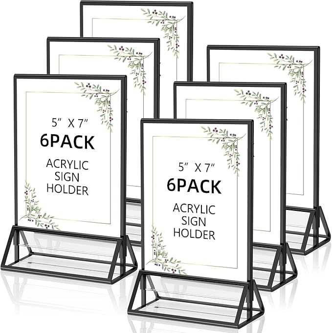 Acrylic Sign Holder 5x7 Display Stand, Clear and Stable Table Plastic Paper Holder, Acrylic Frames for Home Office Shop Photo Frames Exhibition Black (6pcs)