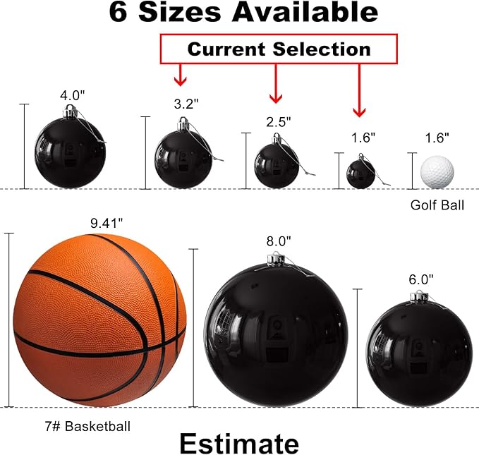 Black Christmas Ornaments - Christmas Tree Decorations Shatterproof Hanging Balls for Birthday Wedding Holiday Decor Set of 36pcs, Multi-Sizes(1.6",2.5",3.2")