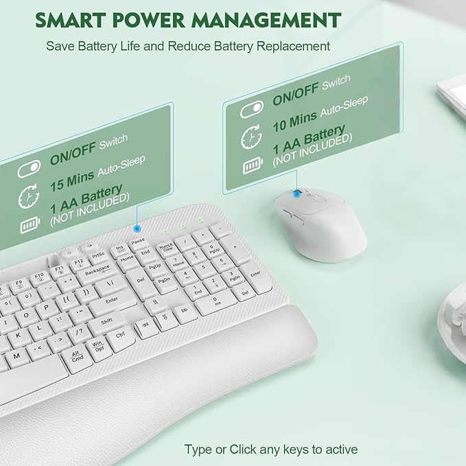 Wireless Keyboard and Mouse Combo, Wave Keys Full-Sized Ergonomic Keyboard with Cushioned Plam Rest, Phone Holder, Comfortable Natural Typing, 2.4G Cordless Set for Computer, Laptop, PC, Mac, Windows