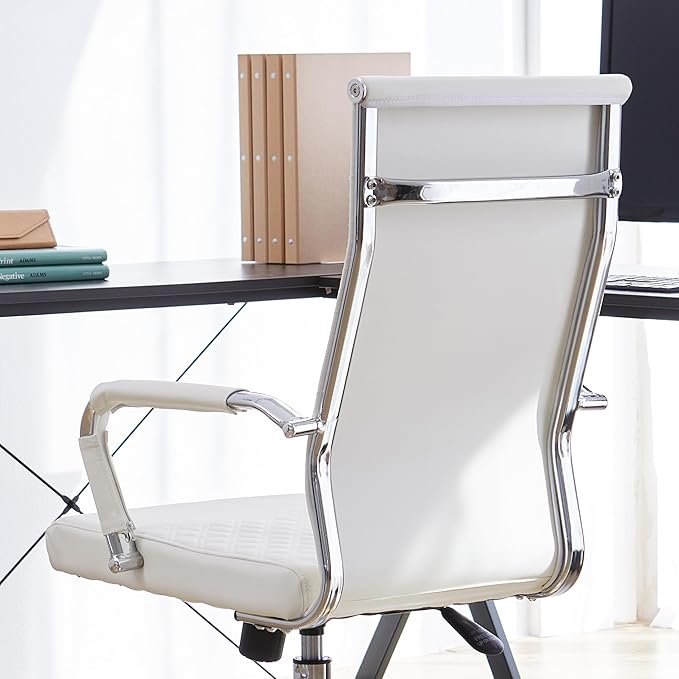Livinia Modern Executive Office Chair with Patterned Back Design, Chrome & Leather Swivel Chair with High Back, Adjustable Height, Removable Armrests, and Wheels for Home Office (White(Chrome))