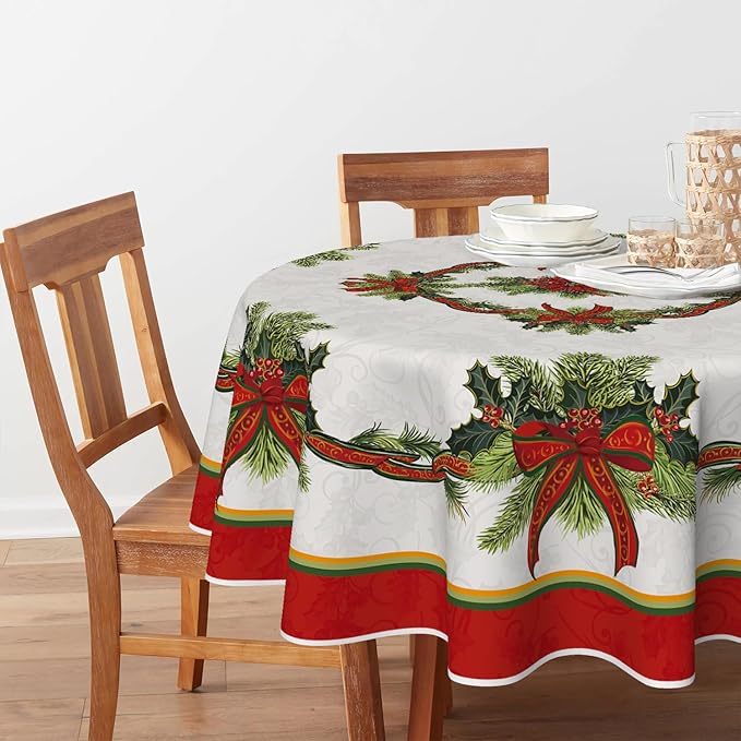 Horaldaily Christmas Tablecloth 60×60 Inch Round, Poinsettia Golden Ribbon Washable Table Cover for Party Picnic Dinner Decor