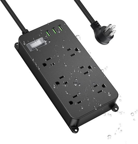 Outdoor Power Strip Weatherproof with USB,Waterproof Surge Protector,3 USB Ports,6 Outlets,Multi Plug Electrical Outlet for Camping,Home Office Patio Porch,etc,6FT Cord,Flat Plug