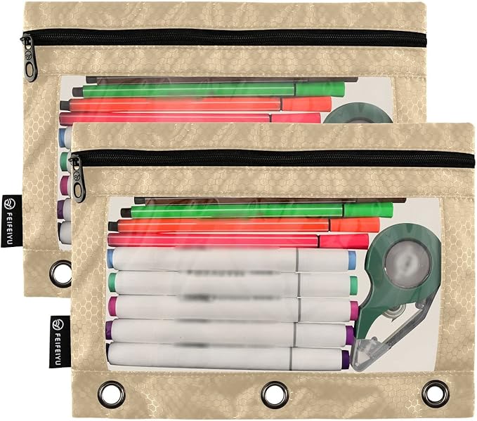 Gredecor Binder Pencil Pouch 3 Ring Tan Zipper Pencil Pouches Case 2 Pack Clear Binder Organizer for School Office