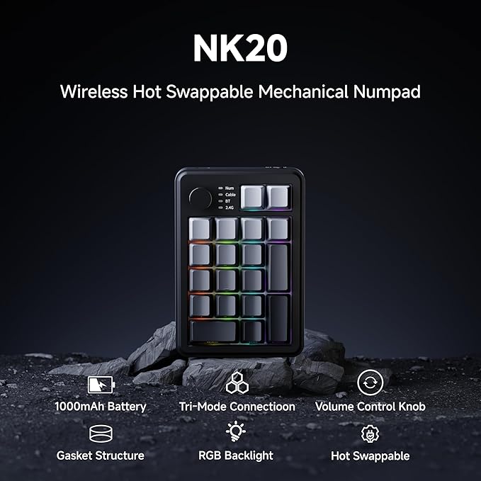 EWEADN NK20 Wireless Retro Mechanical Numpad with Knob, Bluetooth/2.4GHz/USB-C Connect with RGB Backlight Hot Swappable Number Pad, 20-Key Rechargeable External Num Pad for Win, Mac, Black Gray