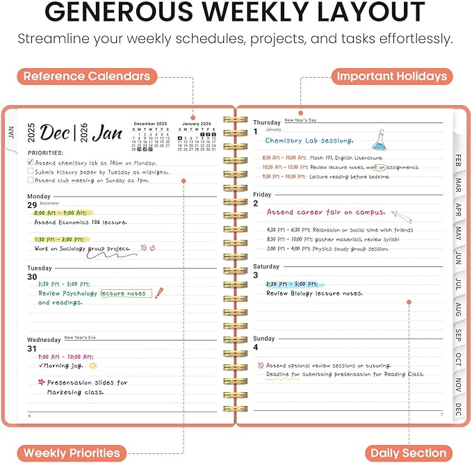 2026 Planner, Weekly and Monthly Calender Planner, Jan 2026 to Dec 2026, Hardcover 2026 Calendar Planner Book with Tabs & Inner Pocket, Office Home School Supplies for Women & Men - A4 (8.5" x 11"), Coral