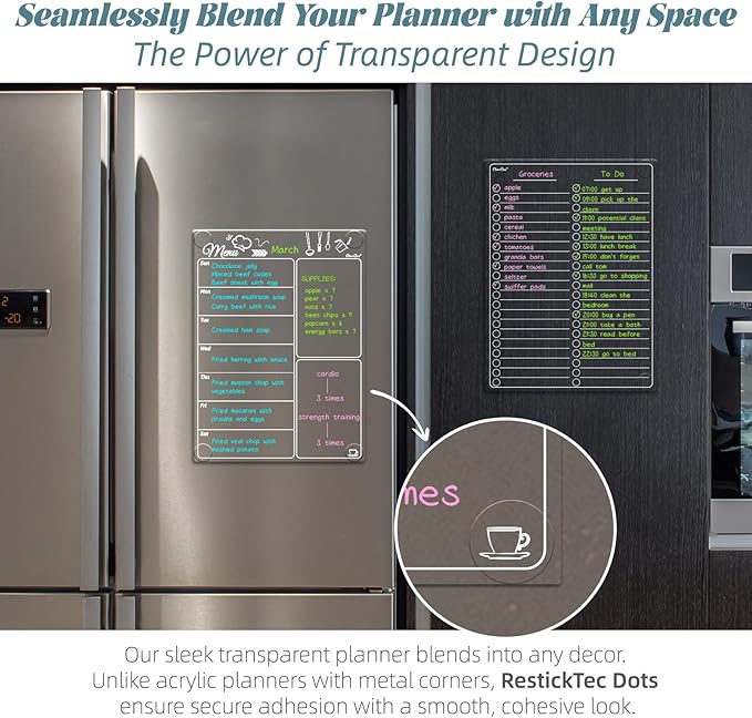Clear Non-Magnetic Meal Planner Set for Fridge - Dry Erase Transparent Menu and List Board - Sticks to Wall, Glass, Door, Any Smooth Surfaces