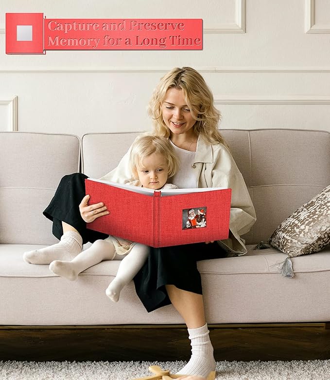 Photo Album Self Adhesive Scrapbook Album for 3x5 4x6 5x7 8x10 Pictures,60 Pages Linen Cover with Display Window DIY Photo Book,Ideal Gifts for Family Travel Wedding Baby