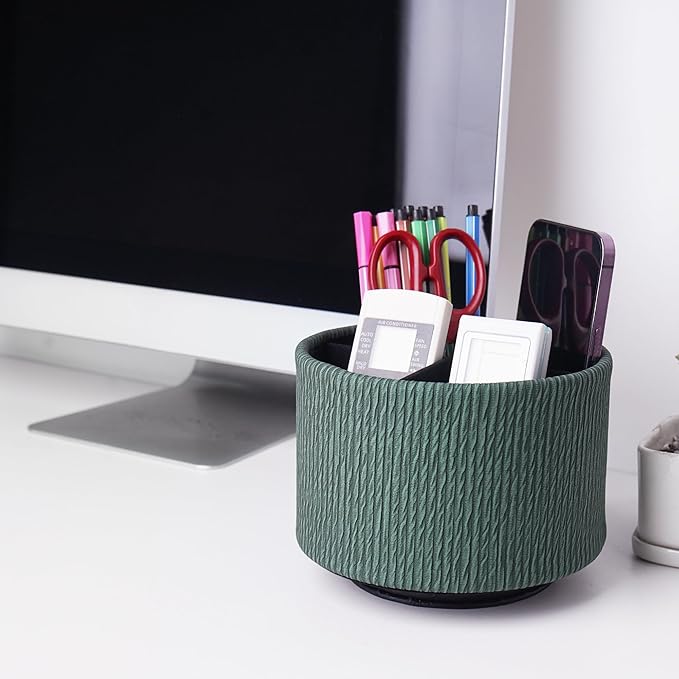 Hennaja Round Leather Art Supply Organizer,Remote Control Holder,360 Degree Spinning,Multi-Functional Pencil Holder,4 Compartments Desktop Stationary Organizer(1-Wood Green)