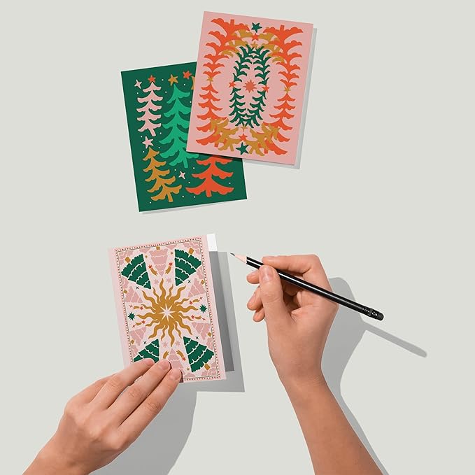 Ritzy Rose 24-Pack Retro Christmas Greeting Cards with White Envelopes – 4 Boho Scandinavian Inspired Designs – Vintage Holiday Tree Motifs, Festive Artistic Stationery, Premium Box Set Holiday Cards.