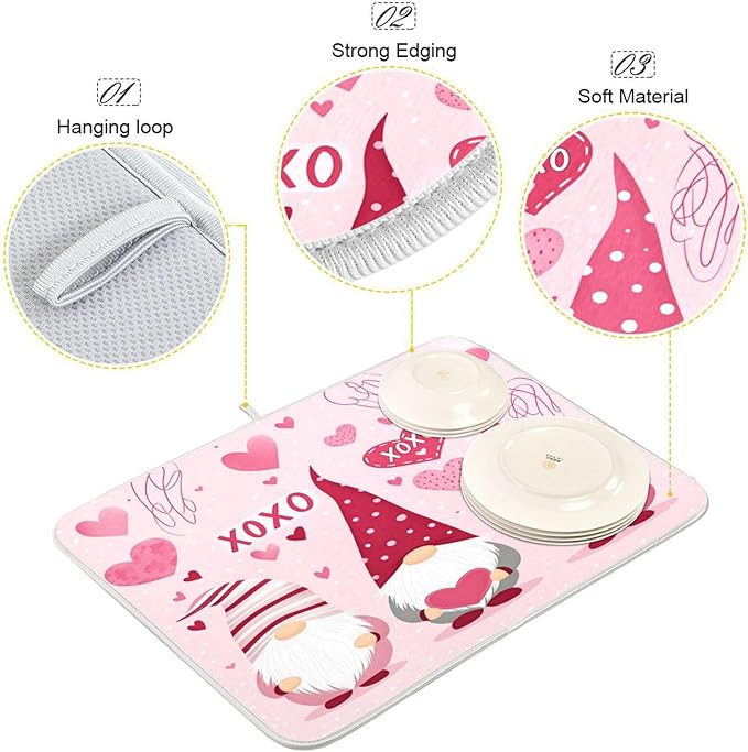 Happy Valentine Hearts Gnomes Dish Drying Mat 16 X 18 In Red Love Absorbent Microfiber Dry Dishes Pads Tableware Mats Protector for Kitchen Countertops Counter Home Decorations