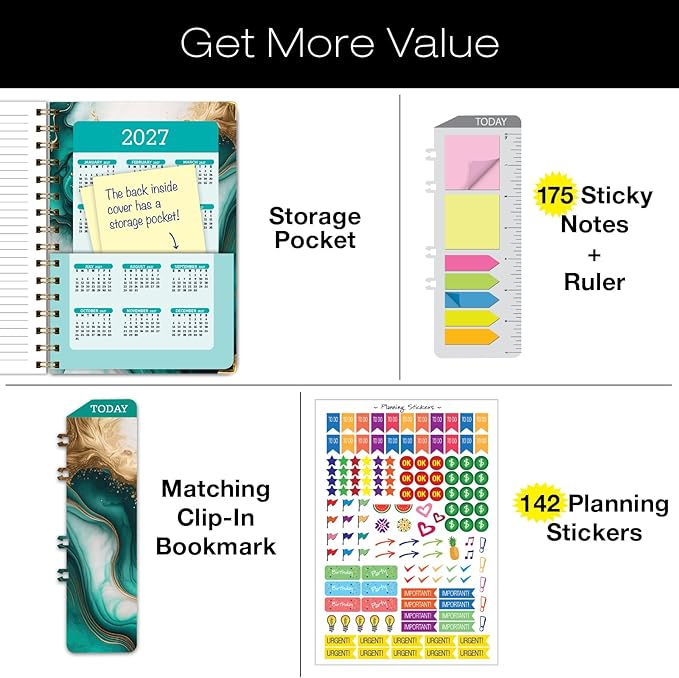 HARDCOVER 2026 Planner, 7"x9": 14 Months (November 2025 - December 2026), Daily Weekly Monthly Planner, Yearly Agenda, Bookmark, Pocket Folder and Sticky Note Set (Teal Gold Marble)