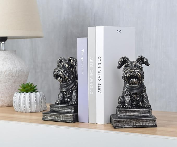 Vintage Antique Dog Bookends,Decorative Book Ends for Shelves,Creative Resin Schnauzer Statues Book Holders for Desk Home Office Bookshelf Decoration,Gifts for Dog Enthusiasts