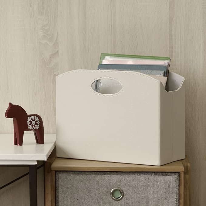 EZDeco Magazine Holder Foldable Magazine Rack Floor PU Leather File Holder Newspaper Book Storage Basket Document File Folder Organizer for Office Home (Off-white-1)