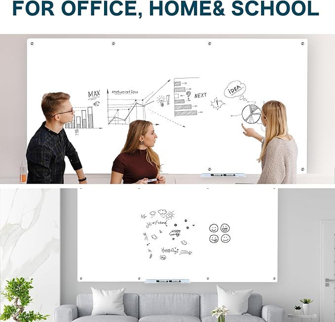 J&J worldwide Magnetic Glass Whiteboard 8' x 4' Ultra White, Large Frameless White Boards for Walls 96 x 48 Inches, Large Dry Erase Board for Office, Home, School