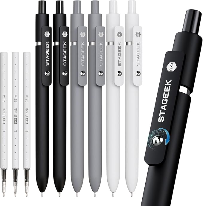 Black Gel Pens, 6Pcs Fine Point Smooth Writing Pens with 3 Extra Refills, Quick Dry Black Ink Pens for Journaling, Office, Note Taking, School Supplies, Nurse Aesthetic(Black Gray White)