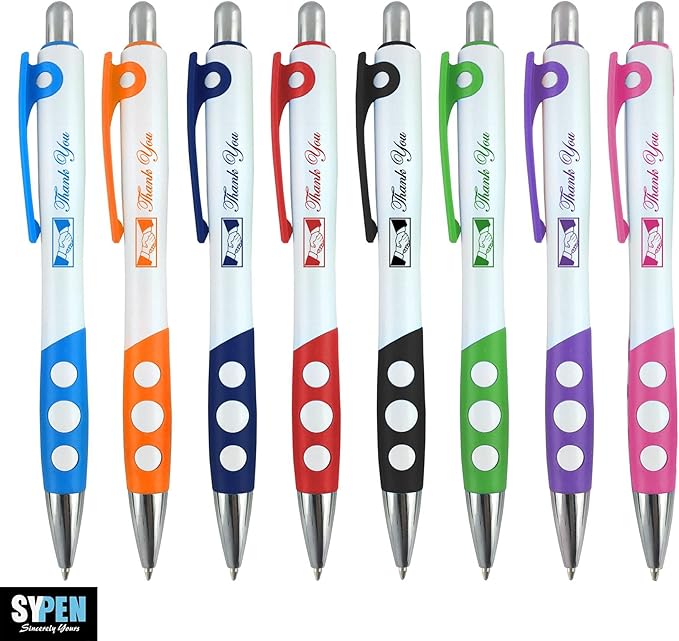 Personalized Ballpoint Pens With Custom Logo/ Text-350 Pack Bulk-for Businesses, Parties, & Events, Custom Printed, White Barrel with Matching Colored Clip and Grip, Click Pens, Black Ink, Purple