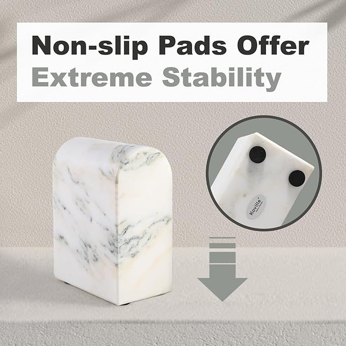 Koville Natural Marble Bookends for Shelves, 13LBS Ultra Heavy Duty Marble Book Holders Organizer, Non-Slip Book Ends, Apartment Decor for Movies/CDs/Video Games