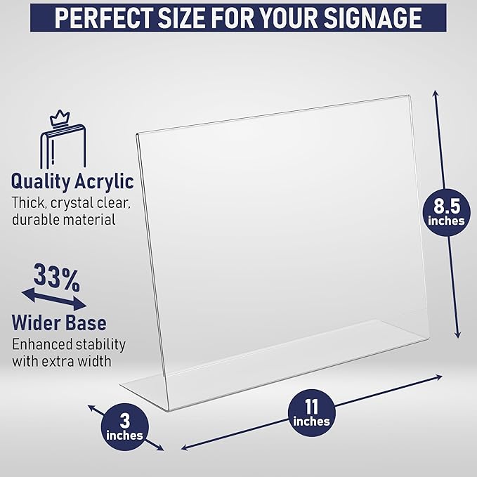Slant Back Acrylic Sign Holder 11 x 8.5 Inches, 6-Pack Landscape Ad Frame, Flyer Display Stand. Menu and Table Sign Holder for Home, Office, Store, or Restaurant. Acrylic Stands for Paper and Signage