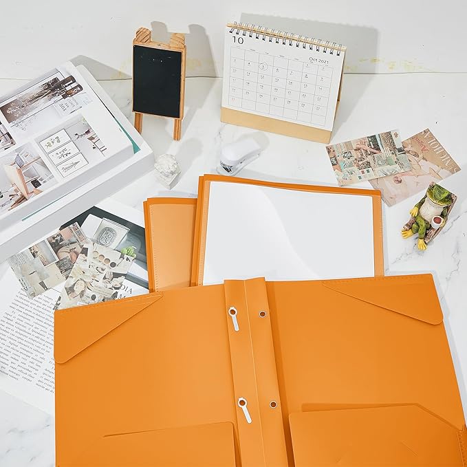 Henoyso 72 Pcs Plastic Folder with Clear Front Pocket and 3 Prong Plastic Folders with Card Slot Pocket Folders with Prongs for School Office (Orange)