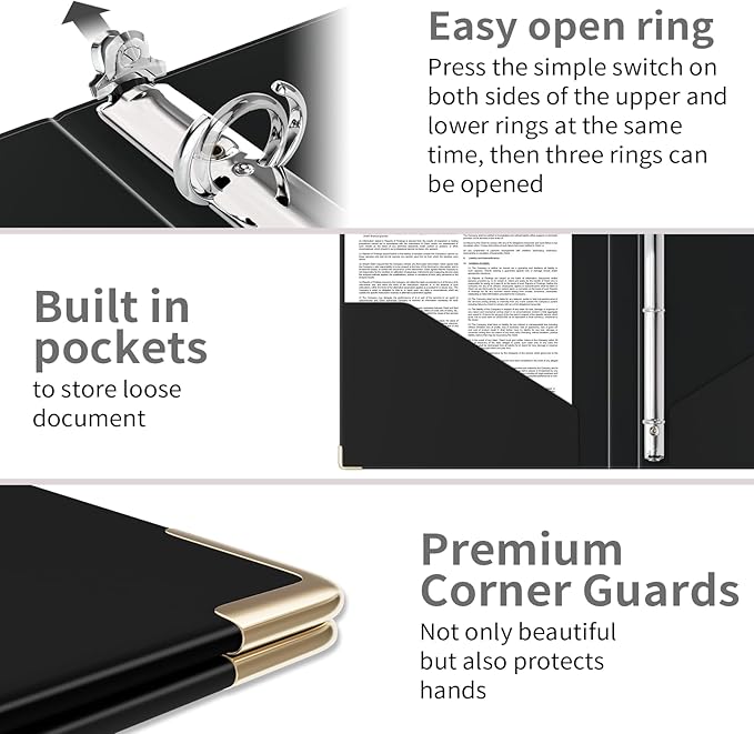 Ospelelf 3 Ring Binder, 1/2 Inch, Cute Letter Size (11" x 8.5") with 5 Tab Dividers, File Folder Labels and Low Profile Clipboards, Black for School and Office