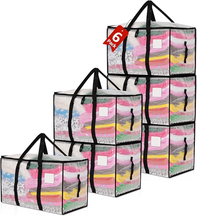 Moving Bags Heavy Duty Extra Large, Alternative for Moving Boxes & Moving Supplies,Clear Storage Bins with Lids, Plastic Packing Tote, Storage Bags for Clothes with Handles & Zippers(Clear, 6 Pack)
