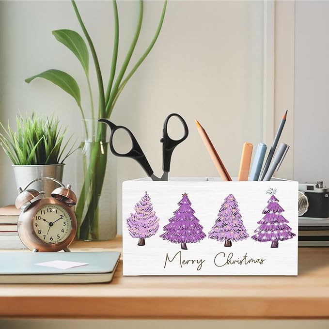 Purple Christmas Tree Pen Holder for Desk, Merry Christmas Holiday Winter Wooden Box Sign Desk Decor for Home Office Decoration, Glitter Xmas Tree Pencil Organizer