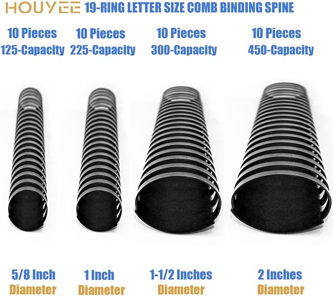HOUYEE 40 Pack Multi-Size Ring Binding Combs: 5/8 Inch, 1 Inch, 1-1/2 Inch, Letter Size Black Plastic Spines
