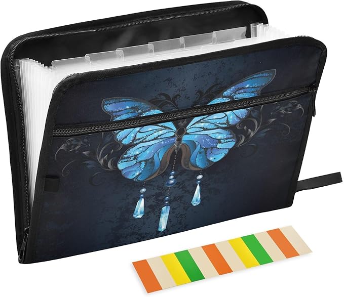 Expanding File Folder,13 Pocket Accordion File Folders Document Organizer Holder with Color Labels, Zipper Closure Waterproof for Letter A4 Size Paper,Document,Morpho Butterfly Blue